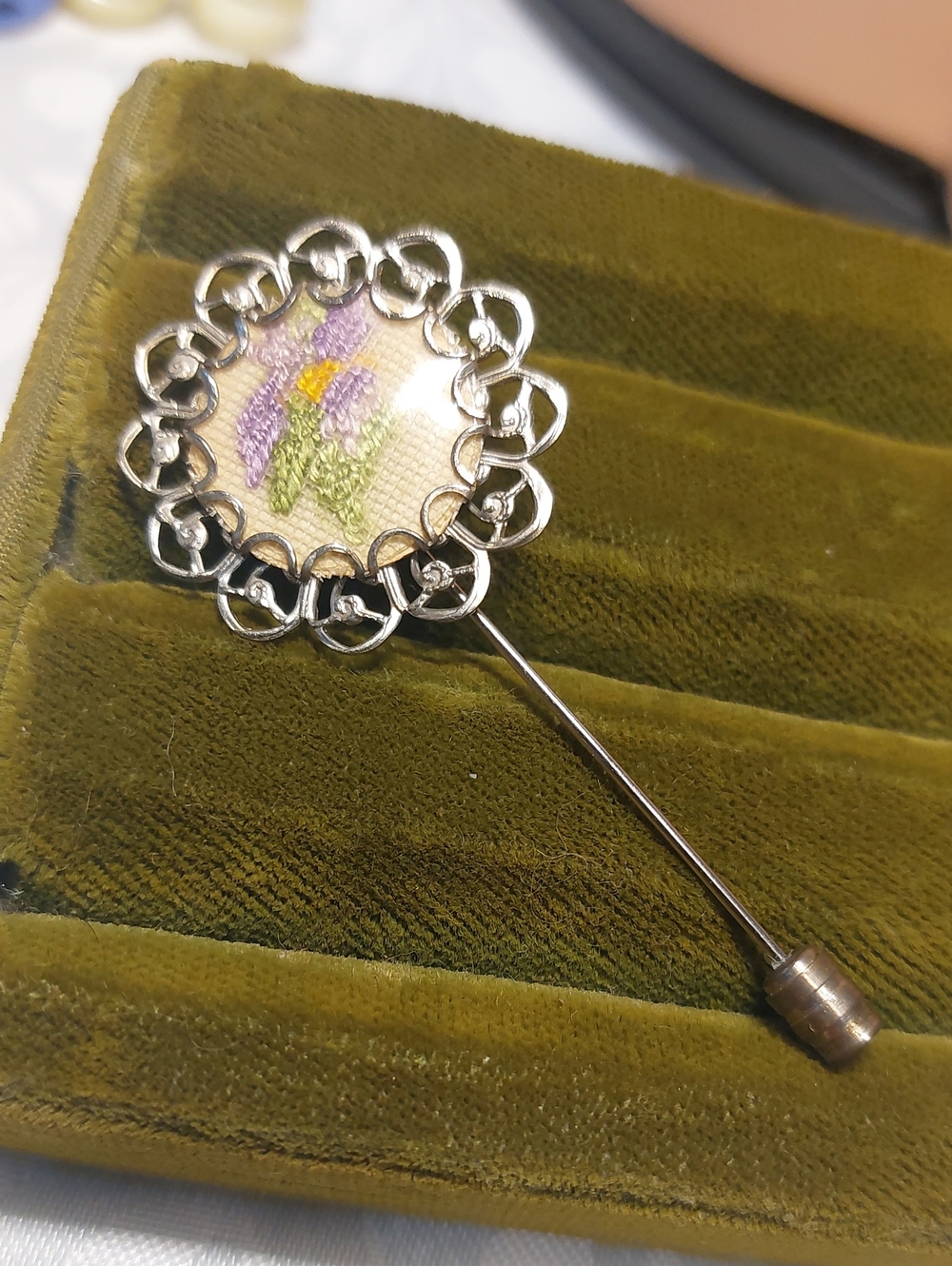 Vintage Petit Point Embroidered Stick Pin Silvertone Violet